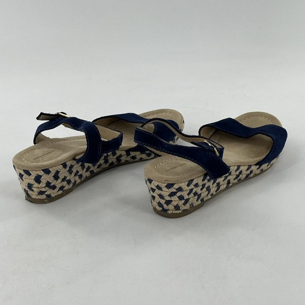 Lands End Espadrille Sandal Womens 7 Wedge Slingback Open Toe Blue Suede Chevron